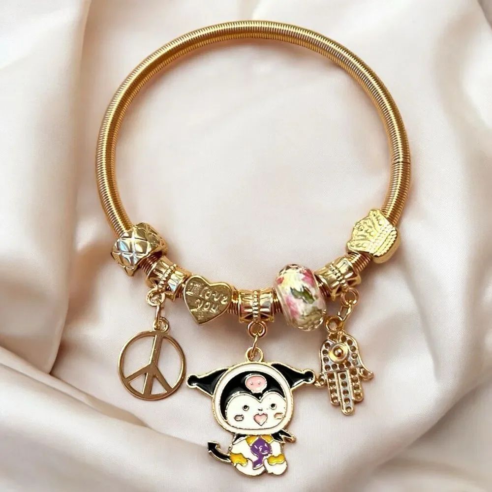Kuromi Peace Sign Hamsa Gold Tone Stretch Charm Bracelet